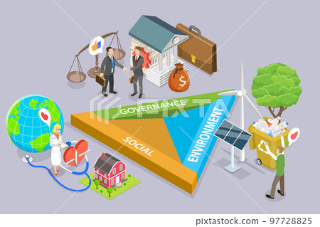 3D Isometric Flat Vector Conceptual Illustration of ESG stands for Environmental, Social, and Corporate Governance 97728825