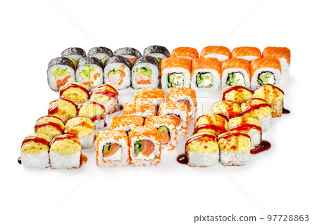 Appetizing Japanese sushi rolls set with salmon, masago, cheese on white 97728863