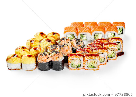 Set of baked cheese rolls, maki with salmon tartare, uramaki and Philadelphia Set of baked cheese rolls, maki with salmon tartare, uramaki and Philadelphia 97728865
