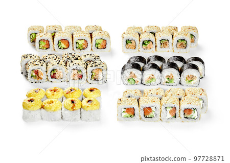 Japanese sushi set with salmon for large company on white background 97728871