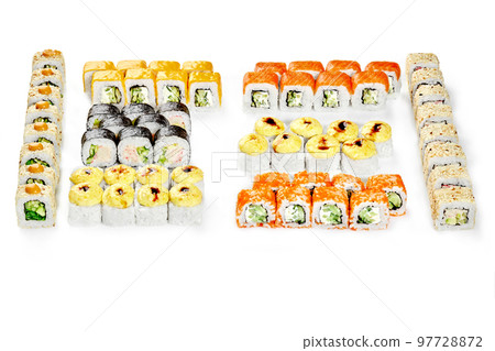 Set for big company with various Japanese sushi rolls 97728872