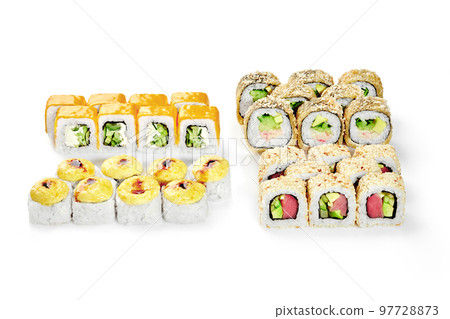 Delicious set of Japanese sushi rolls on white background 97728873