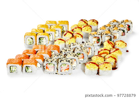 Appetizing large Japanese sushi rolls set for company on white background Appetizing large Japanese sushi rolls set for company on white background 97728879