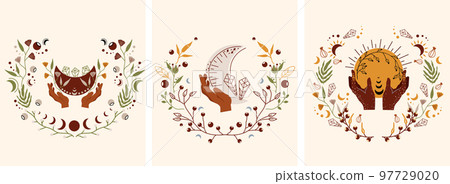 Mystical compositions with a hand holding the celestial moon, flowers and leaves. Mystical, magical witchcraft symbol. Boho moon is suitable for banners, posters, postcards. Vector illustration Mystical compositions with a hand holding the celestial moon, flowers and leaves. Mystical, magical witchcraft symbol. Boho moon is suitable for banners, posters, postcards. Vector illustration 97729020
