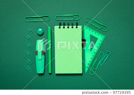 Concept of different stationery accessories, top view 97729395