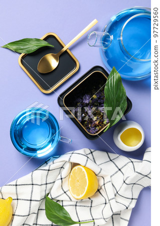 Concept of tasty hot drink, Anchan tea, top view 97729560