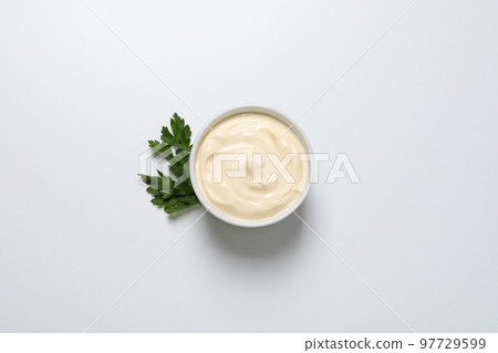 Concept of egg sauce, mayonnaise, top view 97729599
