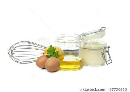 Concept of cooking egg sauce, mayonnaise sauce, isolated on white background Concept of cooking egg sauce, mayonnaise sauce, isolated on white background 97729620