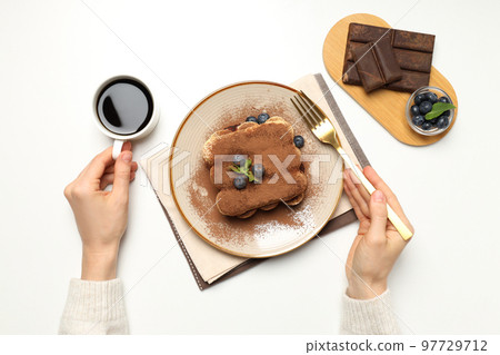 Concept of sweet food, Tiramisu cake, top view 97729712