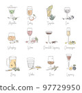 Icons set of various alcohol types with components in different glasses.  Glassware collection in hand drawn flat outline style vector illustration. 97729950
