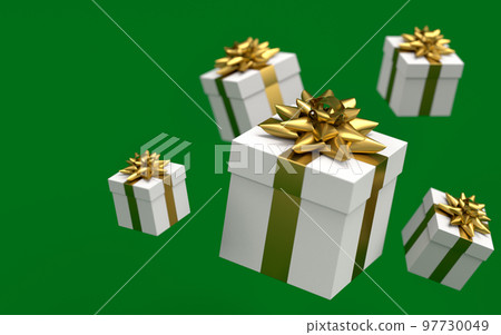 Gift boxes with ribbon and bow flying and falling on green background. 3d render concept of greeting design Birthday, Merry Christmas, Black friday, New Year 97730049