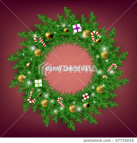 Festive background with Christmas tree wreath decoration with golden balls, gifts and sweets 97730058