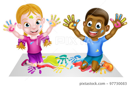 Cartoon Children Playing with Paint Cartoon Children Playing with Paint 97730083