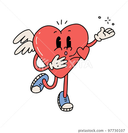 Heart mascot retro cartoon character with a beating heart. Cute groovy cartoon cupid mascot for valentines day greeting cards. Vector contour hand drawn isolated illustration. Heart mascot retro cartoon character with a beating heart. Cute groovy cartoon cupid mascot for valentines day greeting cards. Vector contour hand drawn isolated illustration. 97730107