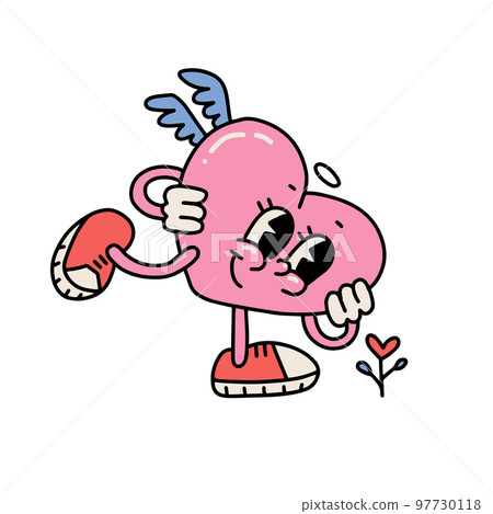Retro groovy cartoon character of big pink heart. Heart mascot admiring a flower. 70s vibes Valentine Day concept. Vector linear illustration for poster, card, print Retro groovy cartoon character of big pink heart. Heart mascot admiring a flower. 70s vibes Valentine Day concept. Vector linear illustration for poster, card, print 97730118