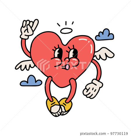 Groovy lovely heart character flying between clouds. Love mascot with wings concept. Happy Valentines day card. Heart character whistling in trendy retro 60s 70s cartoon style. Vector illustration Groovy lovely heart character flying between clouds. Love mascot with wings concept. Happy Valentines day card. Heart character whistling in trendy retro 60s 70s cartoon style. Vector illustration 97730119