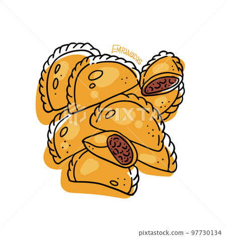 Mexican Empanadas isolated sublimation print concept. Half of broken dumpling with stuffing close-up. Vector linear hand drawing Latin American food in doodle style with color abstract shape. 97730134