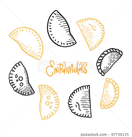 Empanada linear icons set. Outline simple vector of Latin American fried patty or cheburek. Contour isolated different elements on white background 97730135