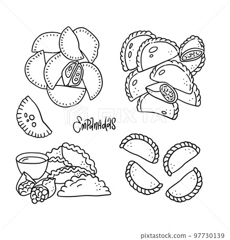 Hand drawn linear sketch style empanadas collection. Top and side view on plate with sauce, single and group meals. Typical Latino America spanish fast food set. Vector illustration isolated on white 97730139