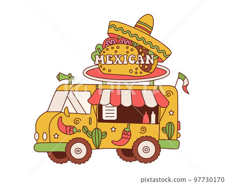 Retro Delicious Commercial Food Truck Vehicle with Mexican cuisine. Vehicle with Mexican hat and taco on the roof. Market in street vector illustration in retro cartoon style. 97730170