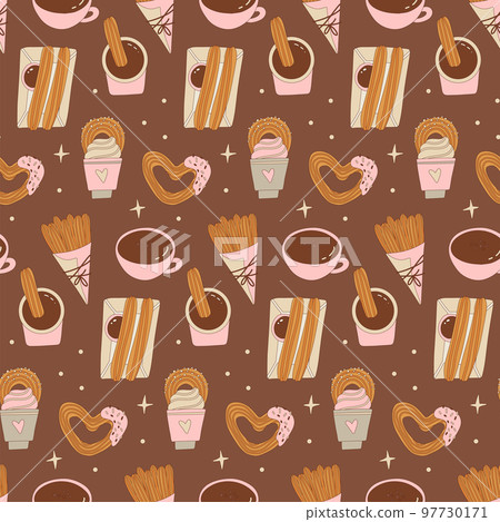 Seamless pattern with latin american churros. Mexican or Spanish traditional dessert. Churros on chocolate background. Traditional Mexican pastries. Endlessly repeating churros. Vector illustration. 97730171