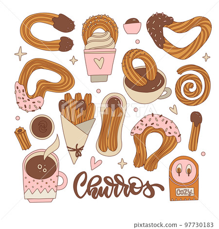 Set of differetn shapes churros with chocolate sauce. Mexican snack. Hand drawn vintage contour vector illustration. Churros sticks in paper bag, bowl with hot chocolate. Set of differetn shapes churros with chocolate sauce. Mexican snack. Hand drawn vintage contour vector illustration. Churros sticks in paper bag, bowl with hot chocolate. 97730183