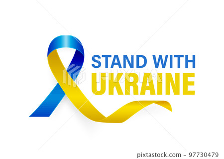Stand with Ukraine. Anti War Call with the Smbol of Peace with Blue and Yellow Silk Ribbon on White Background. Ukranian Flag Colors. Struggle, Protest, Support Ukraine, Slogan. Vector Illustration 97730479
