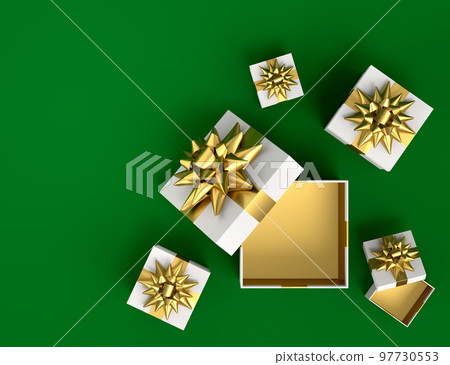 Gift boxes with ribbon and bow for Merry Christmas flying and falling on green 97730553