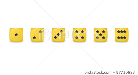 Vector 3d Realistic Yellow Game Dice Icon Set Closeup Isolated. Game Cubes for Gambling, Casino Dices From One to Six Dots, Round Edges Vector 3d Realistic Yellow Game Dice Icon Set Closeup Isolated. Game Cubes for Gambling, Casino Dices From One to Six Dots, Round Edges 97730658
