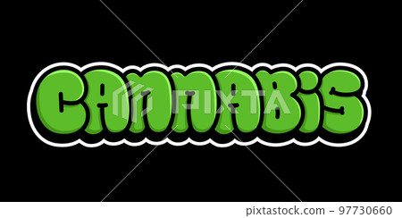 Cannabis Letters Word Sign Marijuana Package Sticker or T-shirt Design in Cartoon Graffiti Style 97730660