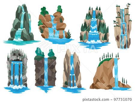 Collection of cartoon river cascade waterfalls. Landscapes with mountains and trees. Design elements for travel brochure or illustration mobile game. Fresh natural water 97731070
