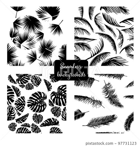 Graphic plant palm leaf tropic. Print black and white background style, exotic floral jungle. Trendy seamless vector pattern. Fashion vintage summer wallpaper Hawaiian backdrop. Graphic plant palm leaf tropic. Print black and white background style, exotic floral jungle. Trendy seamless vector pattern. Fashion vintage summer wallpaper Hawaiian backdrop. 97731123