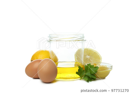 Concept of cooking egg sauce, mayonnaise sauce, isolated on white background 97731270
