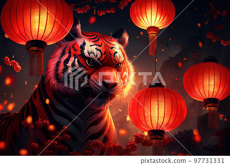 Tiger against the background of fireworks and paper lanterns as a symbol of the Chinese New Year 97731331