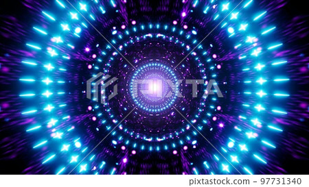 Blue Circle Light Pulse on the Glittering Geometric Neon Art Video Jockey Background Blue Circle Light Pulse on the Glittering Geometric Neon Art Video Jockey Background 97731340