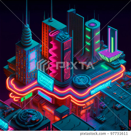 Life in the neon city at night. Bright lights, cars, cafes. Backlight, neon, isometry 97731611