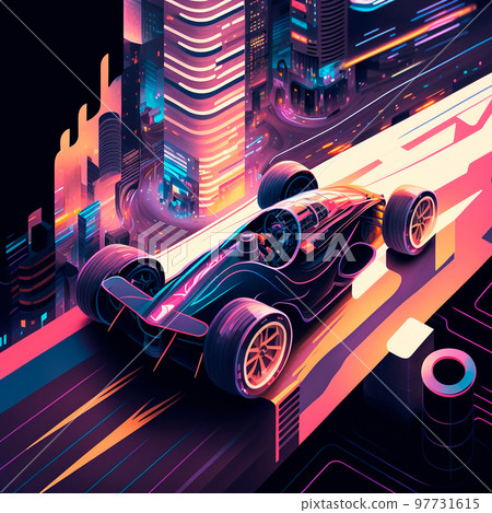 Neon racing car of the future rushes along the roads of the night city. Backlight, neon, isometry Neon racing car of the future rushes along the roads of the night city. Backlight, neon, isometry 97731615