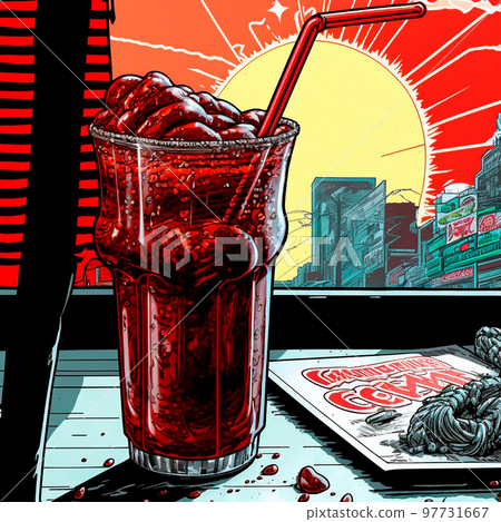 An image of a glass of cola on the table in an old diner. Comic style An image of a glass of cola on the table in an old diner. Comic style 97731667