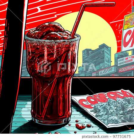 An image of a glass of cola on the table in an old diner. Comic style An image of a glass of cola on the table in an old diner. Comic style 97731675