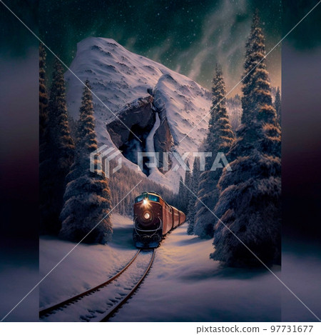Winter train rides in snowy mountains. A beautiful winter fairy tale Winter train rides in snowy mountains. A beautiful winter fairy tale 97731677
