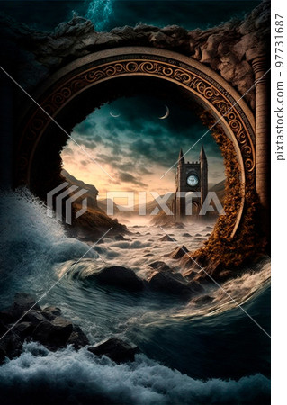 Castle on the magic river, the water flows through a round arch 97731687