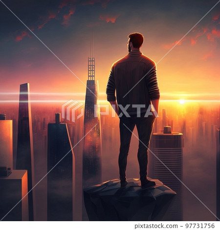 a man on top of skyscrapers looking at the city in the sunset rays a man on top of skyscrapers looking at the city in the sunset rays 97731756