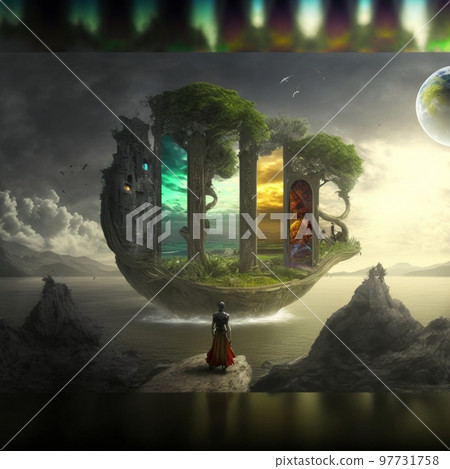 a wanderer between worlds stands in front of portals to other worlds 97731758