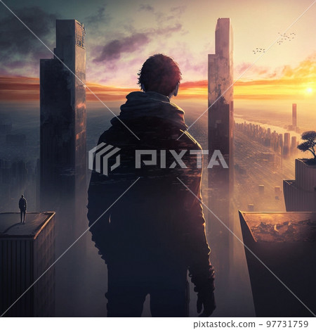a man on top of skyscrapers looking at the city in the sunset rays 97731759
