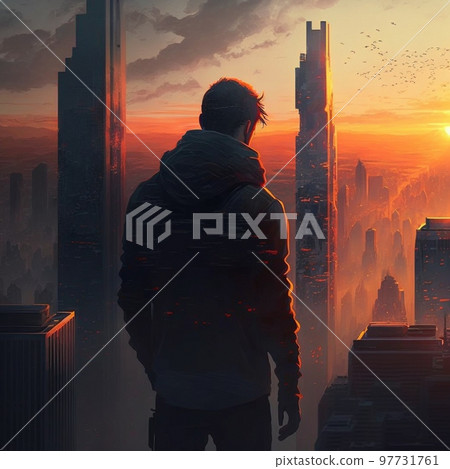 a man on top of skyscrapers looking at the city in the sunset rays 97731761