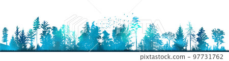 Vector misty forest landscape with detailed blue silhouettes of coniferous trees . seamless pattern 97731762