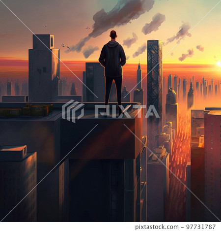 a man on top of skyscrapers looking at the city in the sunset rays 97731787