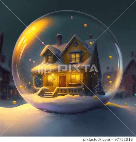 a small house with glowing windows in a glass ball, a New Year's exposition, a toy a small house with glowing windows in a glass ball, a New Year's exposition, a toy 97731812