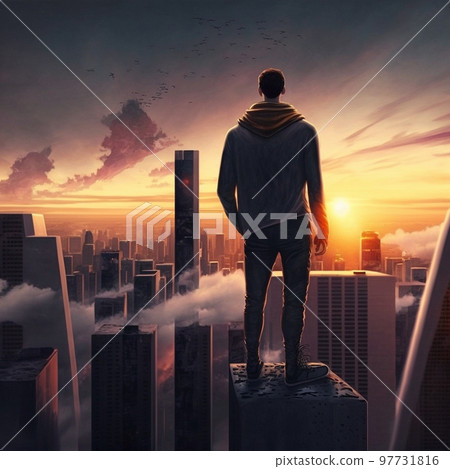 a man on top of skyscrapers looking at the city in the sunset rays a man on top of skyscrapers looking at the city in the sunset rays 97731816