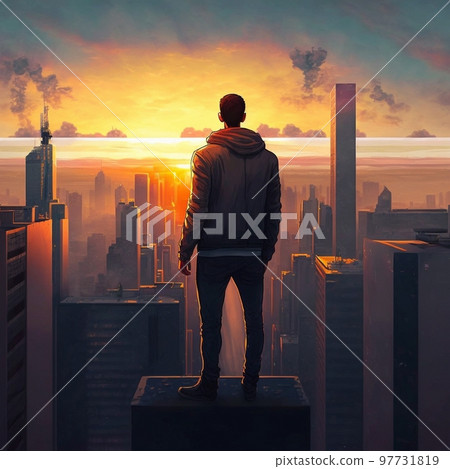 a man on top of skyscrapers looking at the city in the sunset rays 97731819
